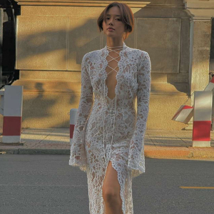Cutout Deep V Plunge Neck Lace Up Slit Slim Fitting Long Sleeve Dress