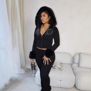 Casual Furry Long Sleeved Zipper Sweater Coat Letter Graphic Rhinestone Sweatpants Two Piece Sets