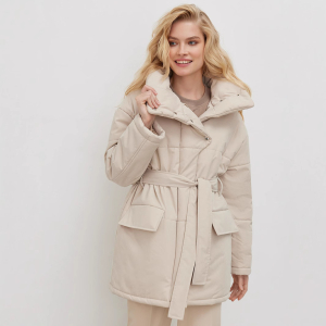 Stand up Collar Cotton Padded Coat Autumn Winter Belt Irregular Asymmetric Mid Length Cotton Coat