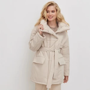 Stand up Collar Cotton Padded Coat Autumn Winter Belt Irregular Asymmetric Mid Length Cotton Coat