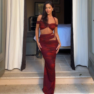 Summer Halter off Shoulder Spaghetti Straps Vest Slim Pleated Skirt Set