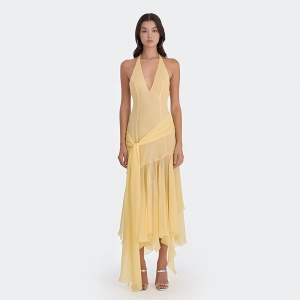 Halter Chiffon See Through Deep V Plunge Ribbon Dress