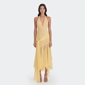 Halter Chiffon See Through Deep V Plunge Ribbon Dress