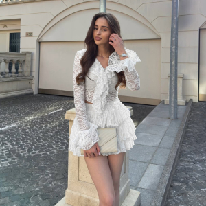 Autumn Slim Fit Flare Sleeve Ruffled Long Sleeve Lace Hollow Out Cutout Skirt Two Piece Sets
