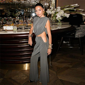 Pleated Round Neck T shirt Solid Color Irregular Asymmetric Bootcut Pants Sets