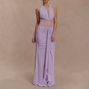Elegant Deep V Plunge Halter Waist Slimming Hollow Out Cutout out Backless Ribbon Dress