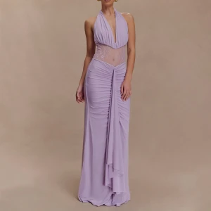 Elegant Deep V Plunge Halter Waist Slimming Hollow Out Cutout out Backless Ribbon Dress