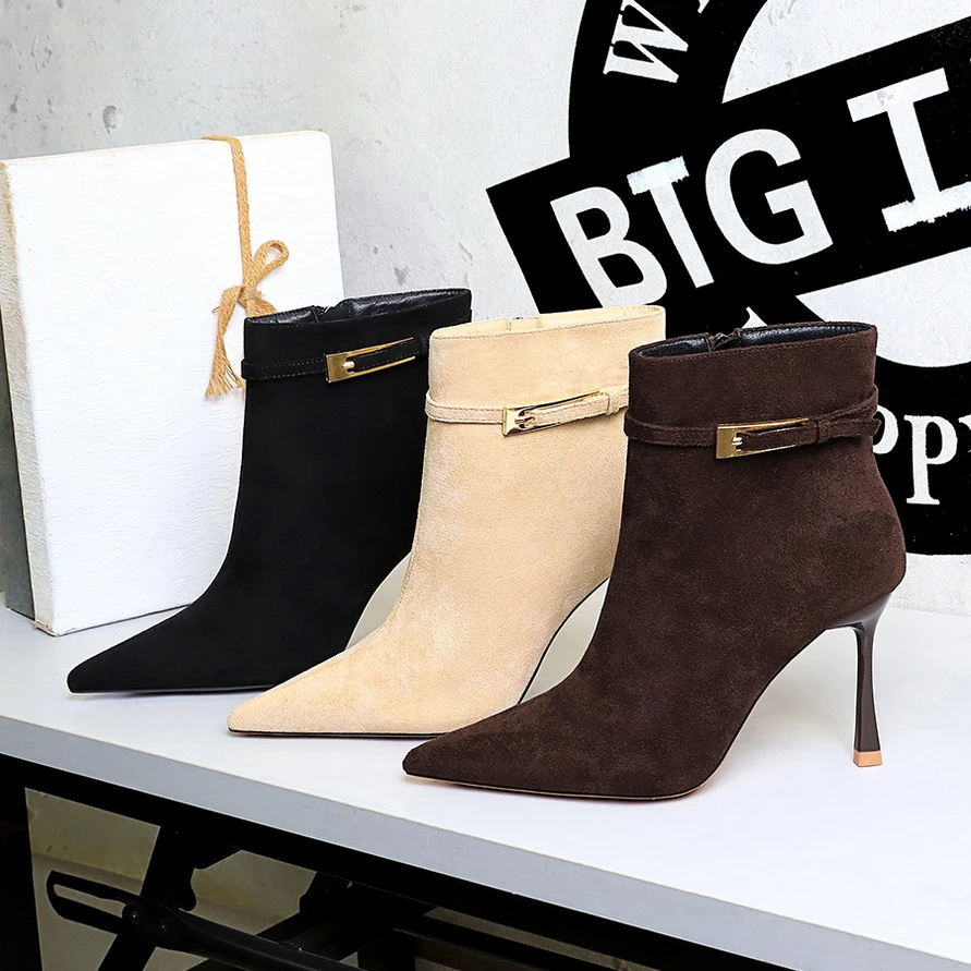 Pointed Toe Suede Stiletto Heel Belt Buckle Side Zipper High Heel Boots 18 Pointed Toe Suede Stiletto Heel Belt Buckle Side Zipper High Heel Boots - Image 4