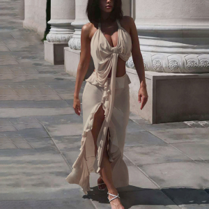 Summer Solid Color Halter Strap Vest Slim Fit Slit Skirt Set