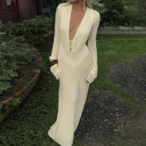 Solid Color Deep V Plunge Neck Buttons Slim Fit High Waist Long Sleeves Dress