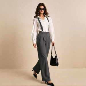 Artistic White Collared Long Sleeve Shirt Matching Gray Suspender Pants Two Piece Elegant Sets