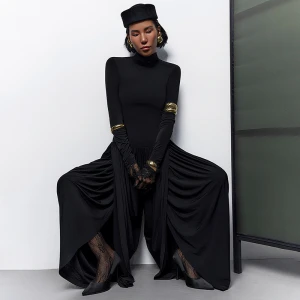 Fall Slim Fitting Cool Turtleneck Solid Color Long Sleeve Pleated High Waist One Piece Trousers
