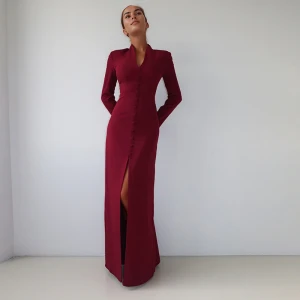 French Solid Color V neck High Waist Slim Slimming Slit Dress
