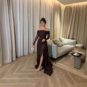 Tube Top Stitching Lace Long Sleeve Big Hem Elegance Retro Dress