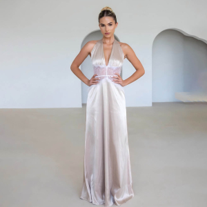 Elegant Deep V Plunge Silky Satin Stitching Halter Waist Tight Dress