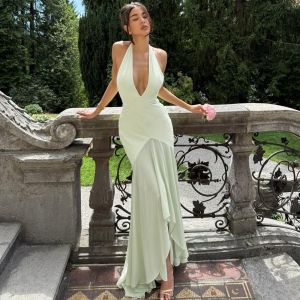 Summer Elegant Deep V Plunge neck Mesh Stitching Backless Slim Fit Dress