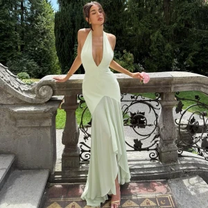 Summer Elegant Deep V Plunge neck Mesh Stitching Backless Slim Fit Dress