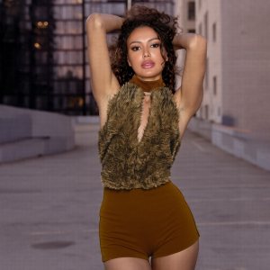 Fur Stitching Halter Cut out Backless Jumpsuit