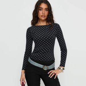Autumn Winter Wild Inner Black White Polka Dot Top Bare Back Long Sleeved Fitted T-shirt