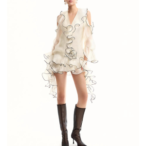 Light Luxury Trim Slim White Ruffled Long Sleeve off Shoulder Dress