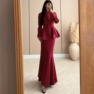 Waist Controlled Button Long Sleeved Jacket Slim Fit Solid Skirt Two Piece Sets