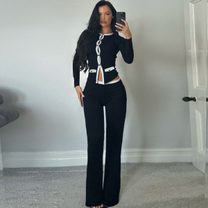 Round Neck Button Contrast Color Cardigan Long Sleeve High Waist Slim Trousers Two Piece Sets