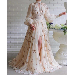 Half Turtleneck Sequined Slit Lantern Sleeve Formal Swing Dress