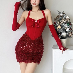 Autumn Winter Backless Halter Bow Solid Color Sequin Hip Christmas Dress