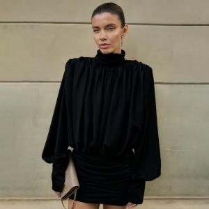 Autumn Winter High Collar Pleated Long Sleeve Solid Color Sheath Short Dress