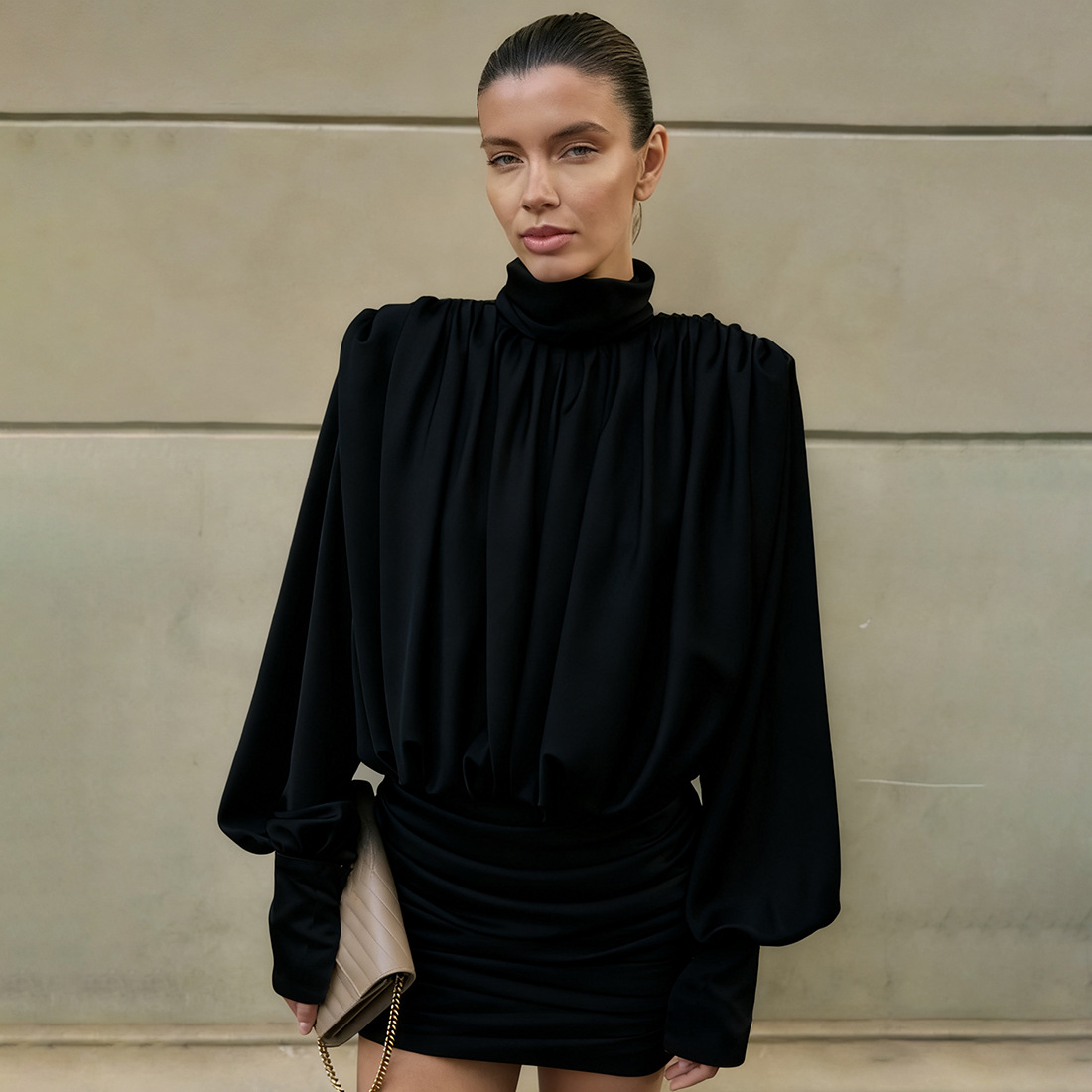 Autumn Winter High Collar Pleated Long Sleeve Solid Color Sheath Short Dress 1 Autumn Winter High Collar Pleated Long Sleeve Solid Color Sheath Short Dress