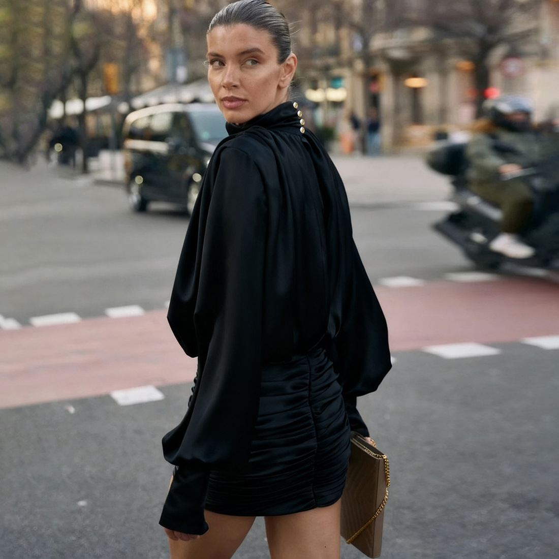 Autumn Winter High Collar Pleated Long Sleeve Solid Color Sheath Short Dress 2 Autumn Winter High Collar Pleated Long Sleeve Solid Color Sheath Short Dress - Image 2