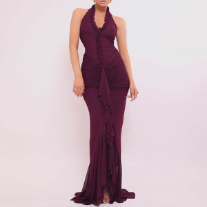 New Arrivals 12 Halter Summer Deep V Plunge Ruffled Slit Pleated Dress