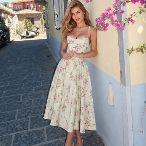 Summer French Backless Waist Trimming Slimming Printed Dress