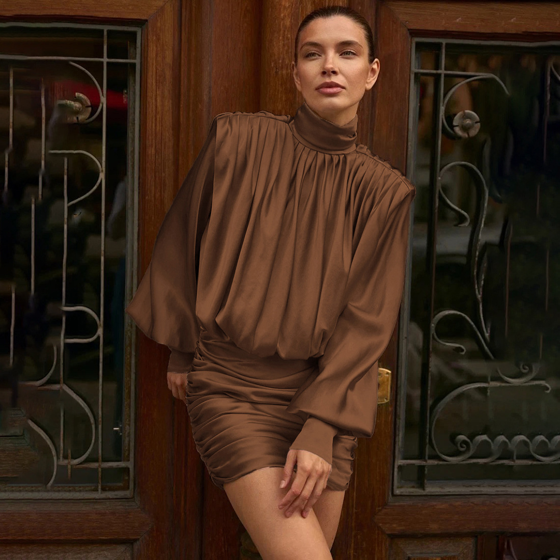 Autumn Winter High Collar Pleated Long Sleeve Solid Color Sheath Short Dress 3 Autumn Winter High Collar Pleated Long Sleeve Solid Color Sheath Short Dress - Image 3