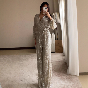 Solid Color V Neck Long Sleeve Shiny Crystal Sequin Fitted Waist Jumpsuit