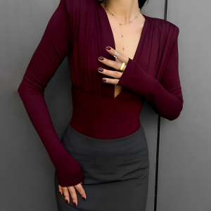Deep V Plunge Neck Long Sleeved Bottoming Shirt All Match Elegant Bodycon Jumpsuit