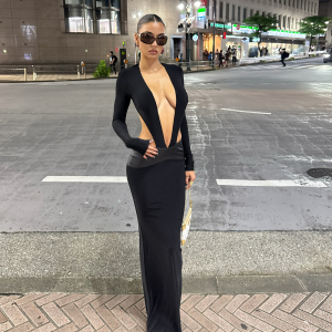 Autumn Winter Deep V Plunge Neck Hollow Out Cutout Long Sleeve Stitching Solid Color Dress
