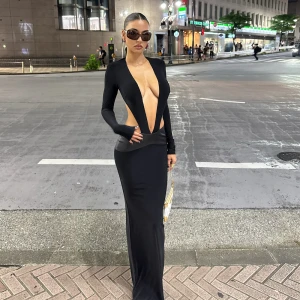 Autumn Winter Deep V Plunge Neck Hollow Out Cutout Long Sleeve Stitching Solid Color Dress