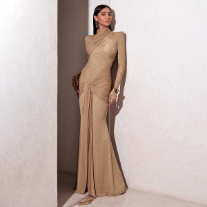 Autumn Slim Fit Streamer Long Sleeve Solid Color Hip Dress