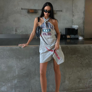 Summer Slim Fit Sleeveless Halter Irregular Asymmetric Pattern Print Hip Bag Dress