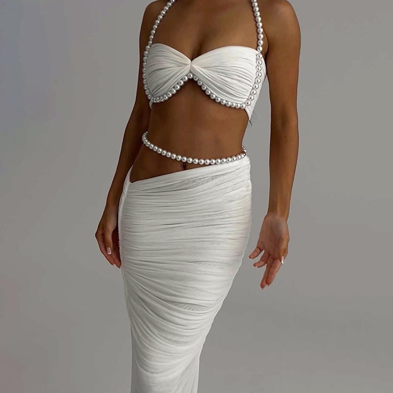 Autumn Winter Pearl Decoration Cropped Wrapped Chest Low Waist Hip Wrapped Long Skirt Set 3 Autumn Winter Pearl Decoration Cropped Wrapped Chest Low Waist Hip Wrapped Long Skirt Set - Image 3