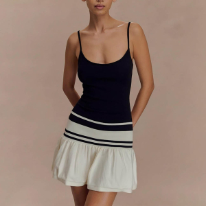 Summer Suspender Tube Top Color Block Backless Waist Trimming Hip Dress