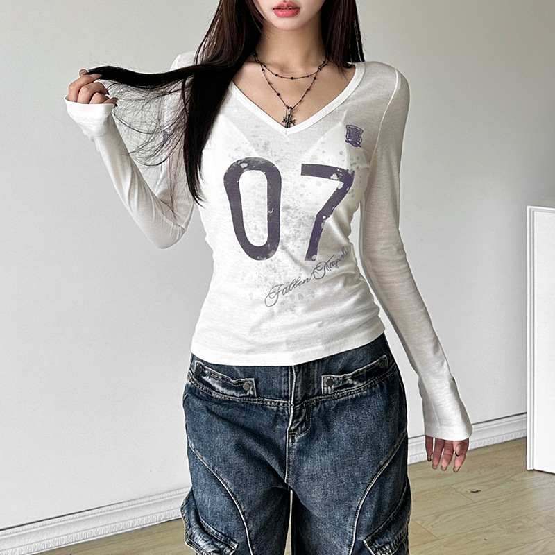 Autumn See through Slim Fit V neck Printed Long Sleeved T shirt Top 5 Autumn See Through Slim Fit V Neck Printed Long Sleeved T Shirt Top - Image 5