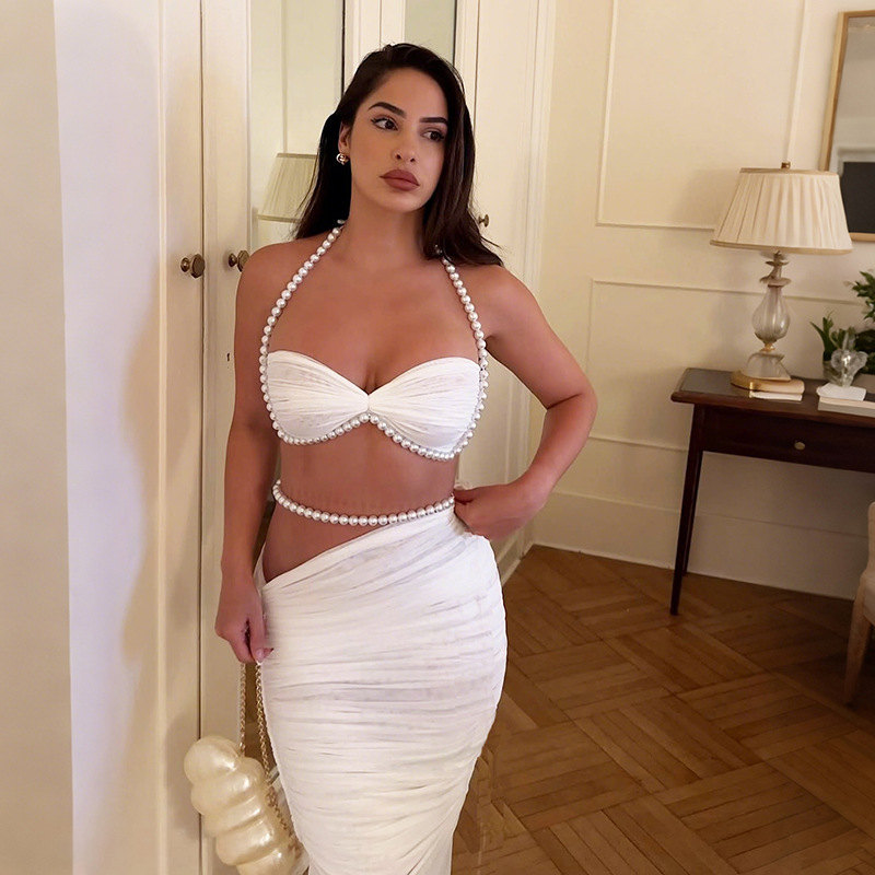 Autumn Winter Pearl Decoration Cropped Wrapped Chest Low Waist Hip Wrapped Long Skirt Set 7 Autumn Winter Pearl Decoration Cropped Wrapped Chest Low Waist Hip Wrapped Long Skirt Set - Image 7
