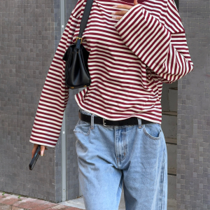 Long Sleeved Striped T Shirt Casual Contrast Color Slim Round Neck Top