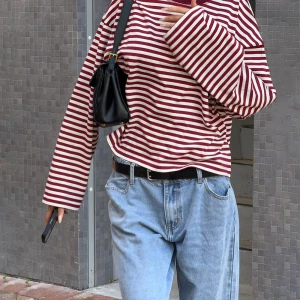 Long Sleeved Striped T shirt Casual Contrast Color Slim Round Neck Top