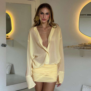 Spring Elegant Collared Slim Fit Sheath Lace up Shirt Short Dress