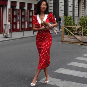 Elegant Lady Polka Dot Maxi V Neck Half Sleeve Sheath Dress