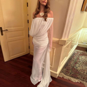 Spring Summer Mesh Solid Color Off Shoulder Sheer Long Sleeve Dress