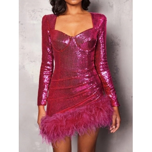 Exclusive Fashionable Feather Long Sleeve Ostrich Feather Dress